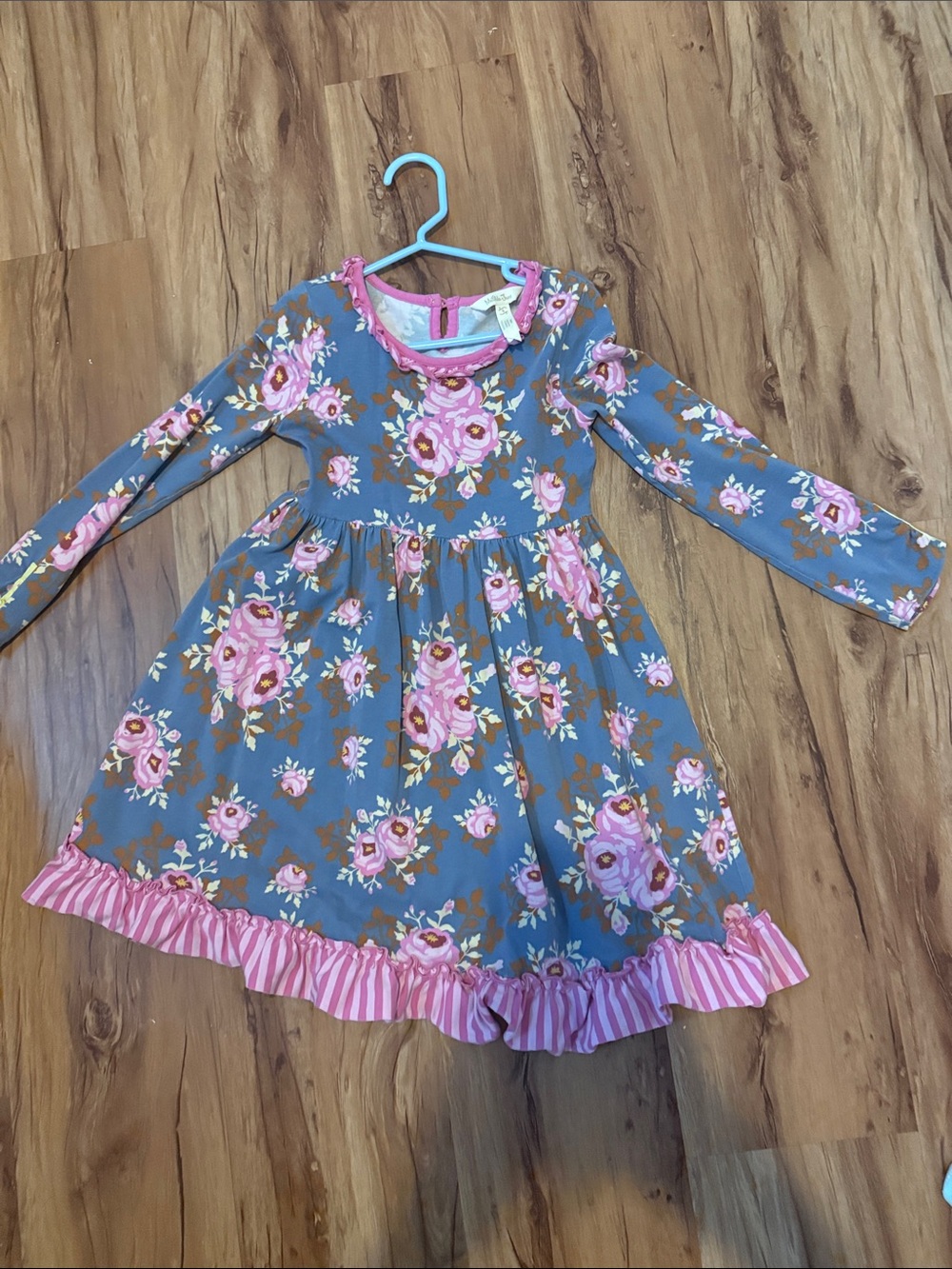 Matilda Jane Girls' Blue Floral Long-Sleeve Ruffle Hem Dress - Pink Rose Print